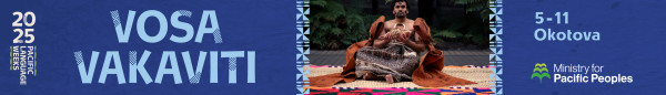 Dark blue graphic that says VOSA VAKAVITI, 5 - 11 Okotova with a person seated in traditional attire.