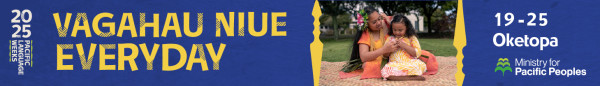 Dark blue banner with the words Vagahau Niue Everyday, 19 - 25 Oketopa. Features a woman and child sitting outside on the grass, and the 2025 Pacific Language Weeks logo. 