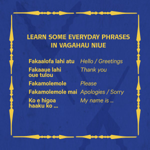 Dark blue graphic with the title 'Learn some everyday phrases in Vagahau Niue and a list of 5 phrases in Vagahau Niue and English