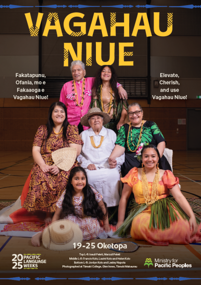 A photo of a group of people of various ages sitting and standing together in a hall smiling with the words Vagahau Niue above them. It also fetaures the theme and dates for Niue Language Week 2025. 