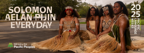 A photo of four people wearing traditional dress, sitting on concrete with trees in the background, and the words Solomon Aelan Pijin Everyday in bold on the left of the photo. Features the 2025 Pacific Language Weeks series and Ministry for Pacific Peoples logos. 