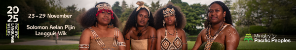 A photo of four people wearing traditional garments looking straight ahead and the words 23-29 November. Solomon Aelan Pijin Langguis Wik. Features the 2025 Pacific Language Weeks series and Ministry for Pacific Peoples logos.