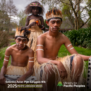 Three children of various ages outside in a park wearing traditional dress and looking straight ahead. The words Solomon Aelan Pijin Langguis Wik is at the bottom of the photo along with the 2025 Pacific Language Weeks and Ministry for Pacific Peoples logos. 
