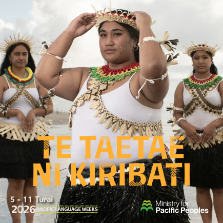 A graphic for Kiribati Language Week, showing three young Kiribati women in traditional attire posed on a beach, with text overlay with dates and details