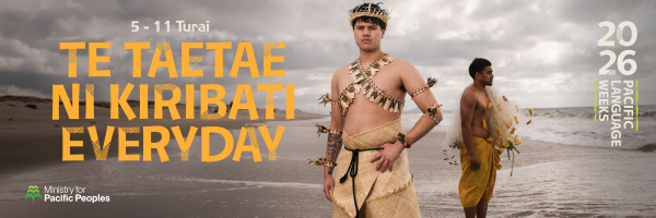 A graphic for Kiribati Language Week, with a strong portrait of two young men in Kiribati attire standing on the beach