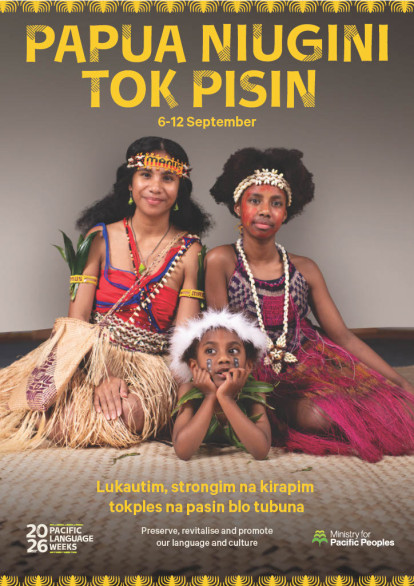 A poster for Papua New Guinea Language Week showing three young Papua New Guinea girls in traditional attire