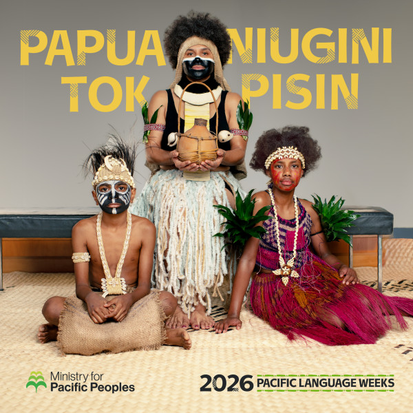 A graphic for Papua New Guinea Language Week with three children wearing traditional PNG attire