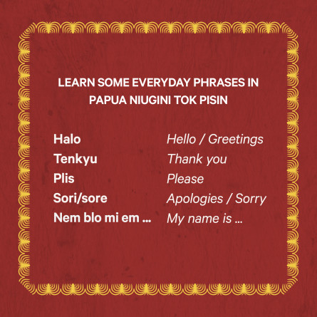 Red background with a yellow border and title that says Learn some everyday phrases in Papua Niugini Tok Pisin. Text reads: Halo - Hello/Greetings, Tenkyu - Thank you, Plis - Please, Sori/sore - Apologies/Sorry, Nem blo mi em... - My name is....