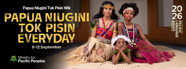 A graphic for Papua New Guinea Language Week with three children wearing traditional PNG attire