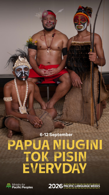 A graphic for Papua New Guinea Language Week with three young men wearing traditional PNG attire