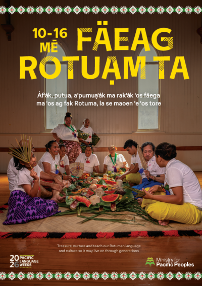 A poster for Rotuma Language Week, showing a group of Rotuman people in a community hall gathering around a shared meal