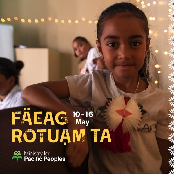 A social media graphic for Rotuma Language Week, showing a young girl wearing a traditional Rotuman tefui garland