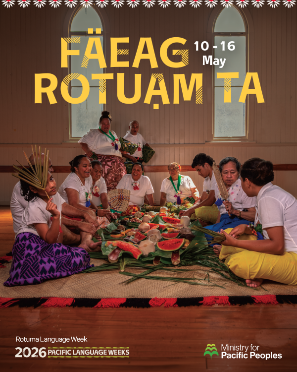 A social media graphic for Rotuma Language Week, showing a group of Rotuman people in a community hall gathering around a shared meal