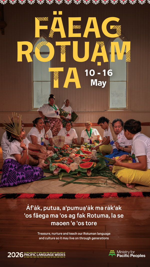 A social media graphic for Rotuma Language Week, showing a group of Rotuman people in a community hall gathering around a shared meal